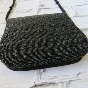 Vintage 1990s Black Beaded Small Purse With Long Handle